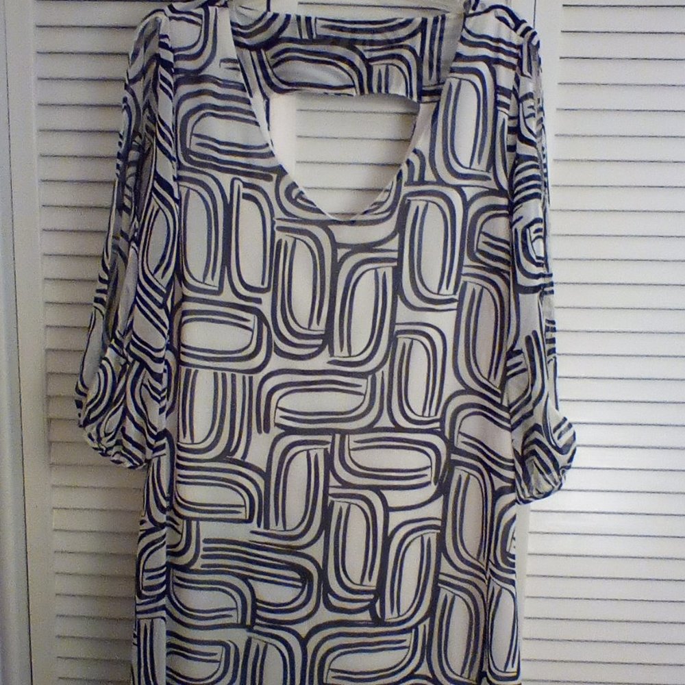 Geometric Print White & Black Chiffon Dress